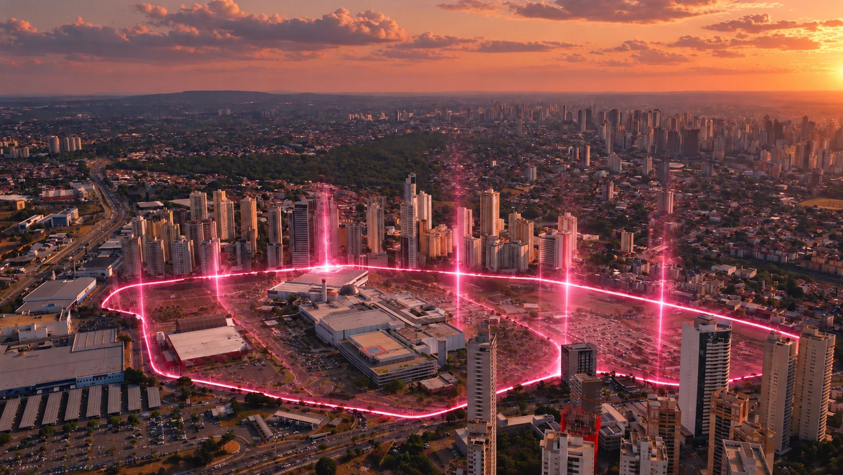 Vista aérea atual de Goiânia com a área do Distrito Flamboyant destacada em rosa