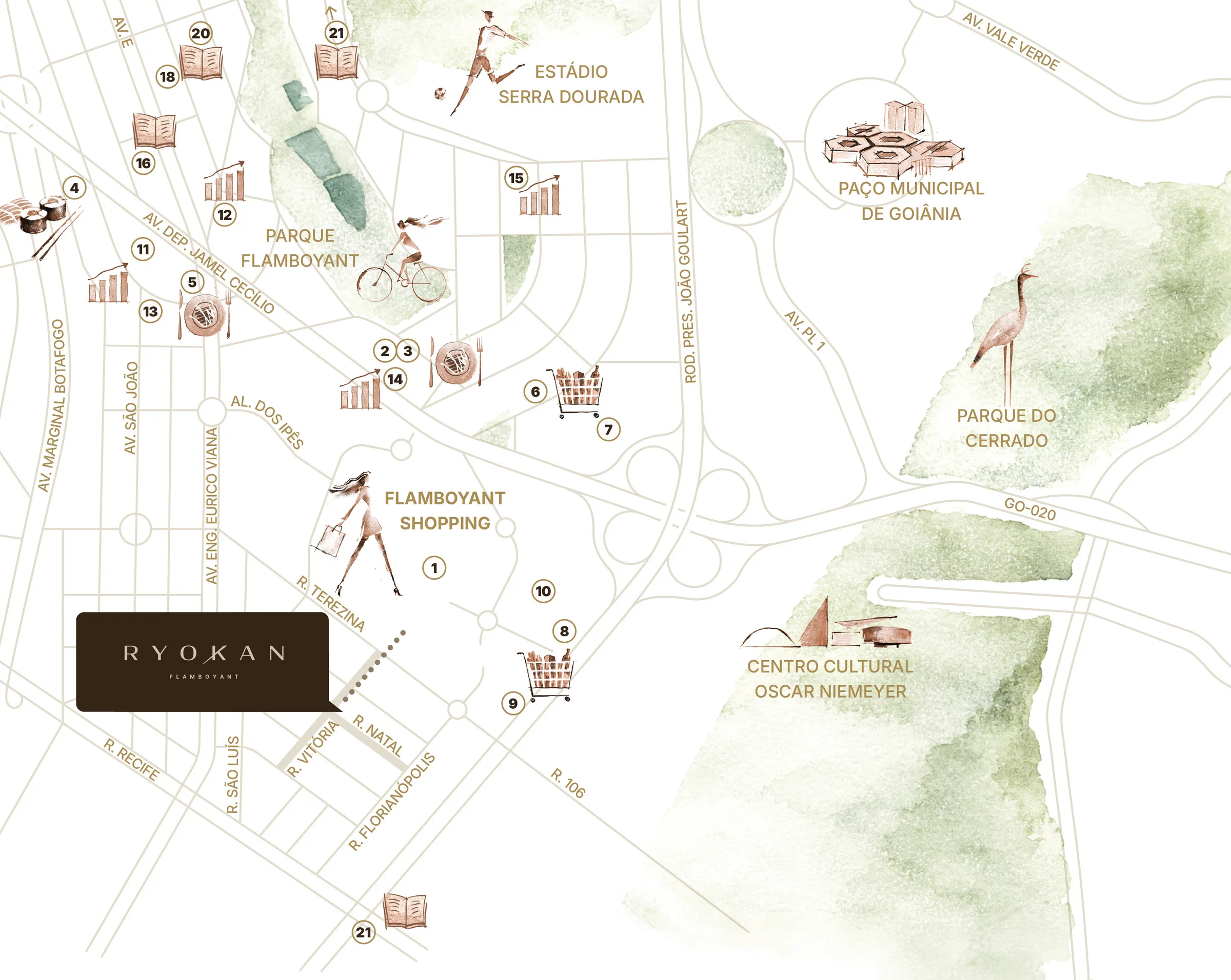Mapa ilustrado do entorno do Ryokan Flamboyant