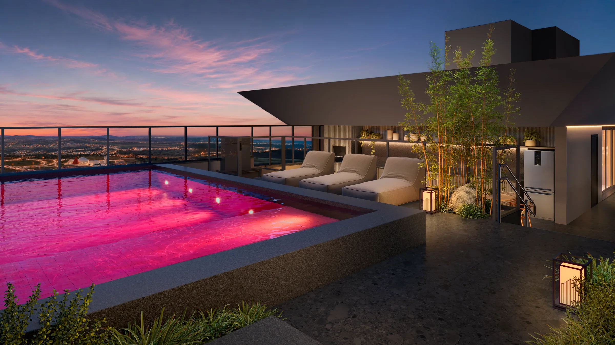 Rooftop do Ryokan com a Pink Pool e o horizonte de Goiânia ao entardecer