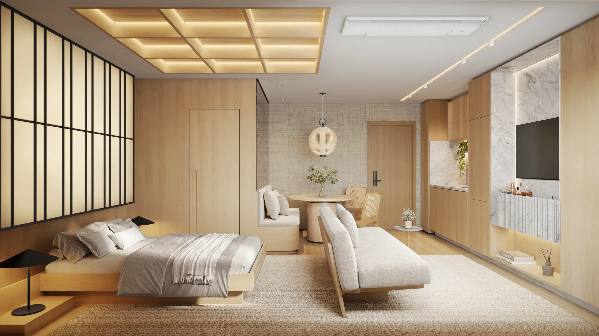 Studio de 29 m² decorado, com cama, sofá e painéis shoji
