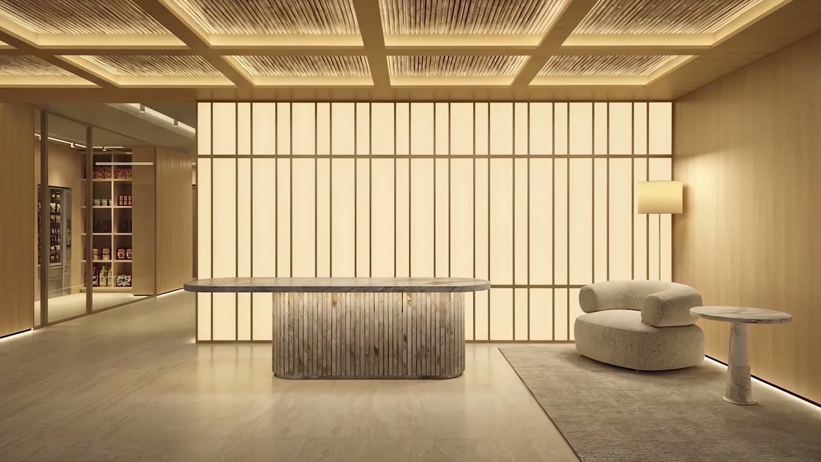 Lobby do Ryokan com painéis shoji iluminados